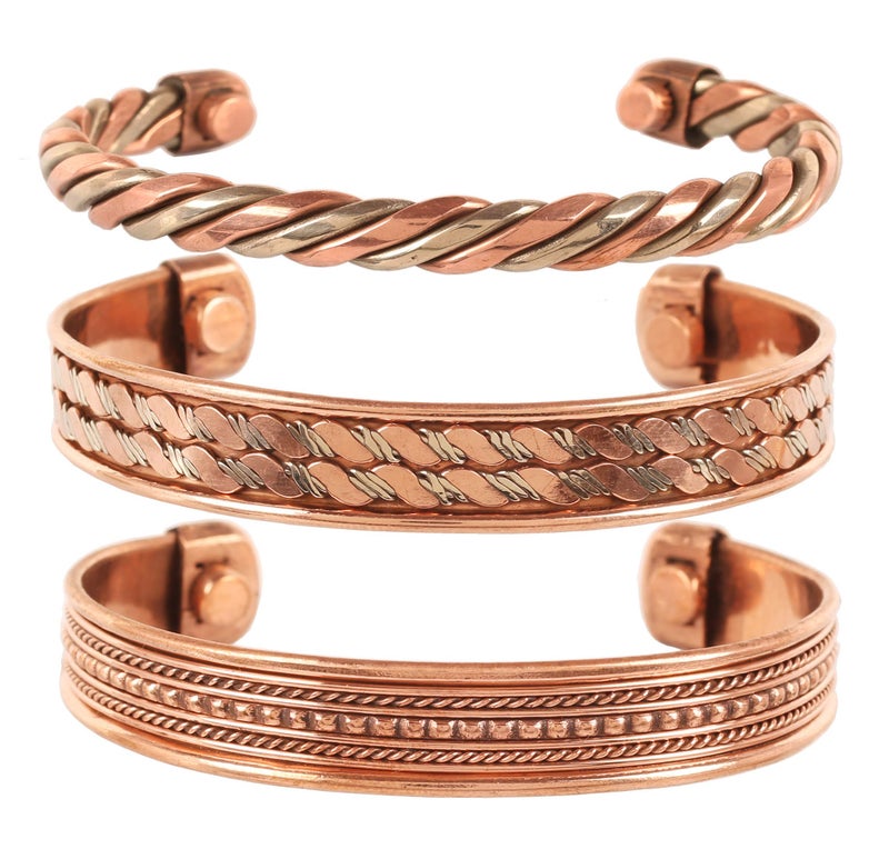 Touchstone Copper Bracelets | Gift for Men Women |Adjustable 100% Pure Solid Real Magnetic Jewelry | Handmade Bracelet Set Combo | Rope Braided Tibetan Bangles. Set of 3 Different Designs - Image 1